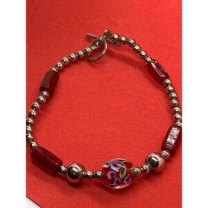 Red Lampwork Floral Glass Bead Bracelet Silver Tone Toggle Clasp Boho Artisan